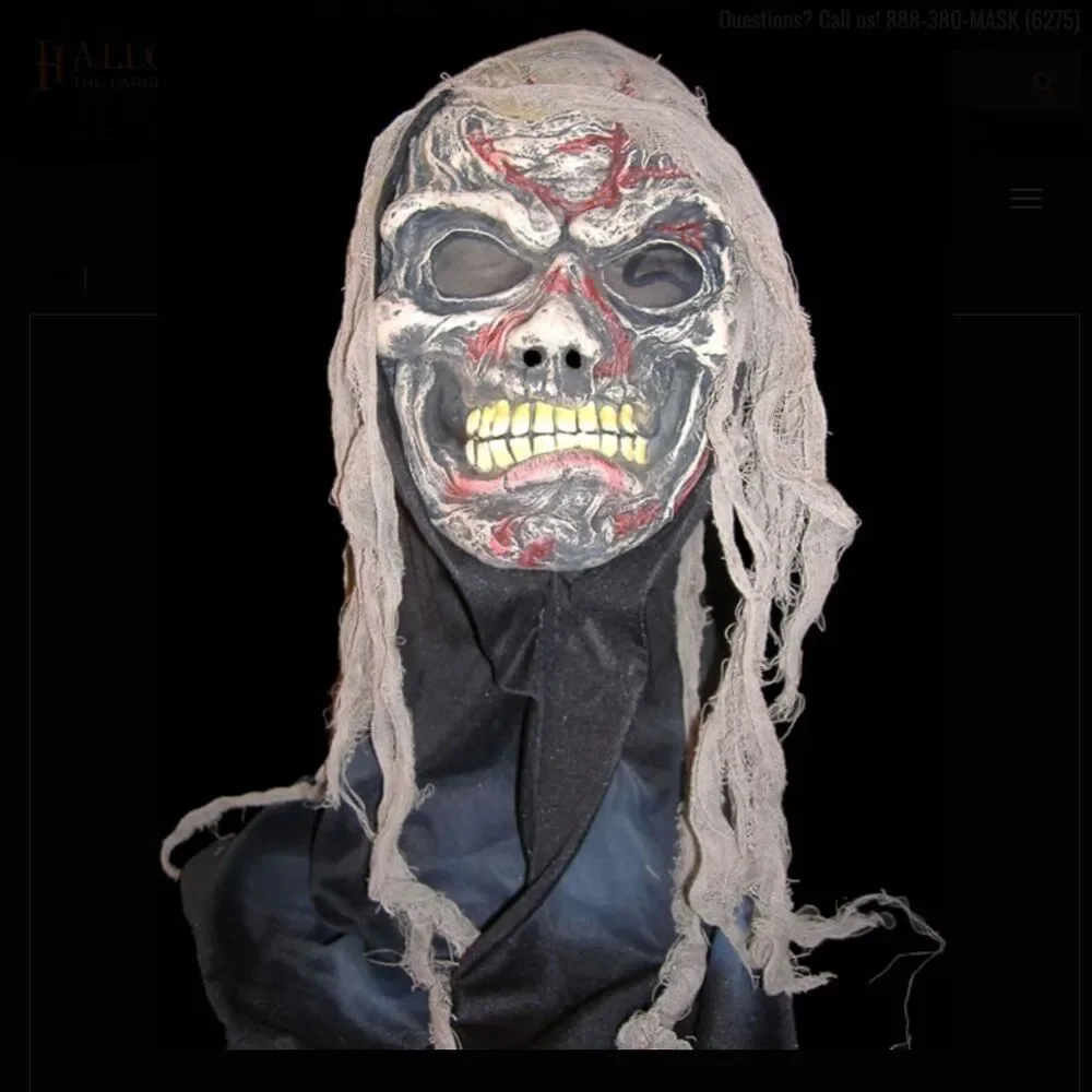 Scary Skeleton Zombie Mask Hood Long Gray Hair Halloween Adult Horror Costume